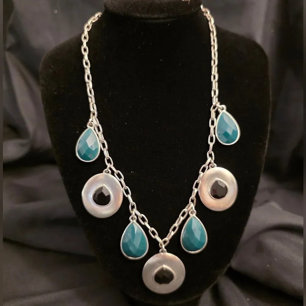 Silver-Tone Necklace and Matching Earring Set featuring striking teal and black